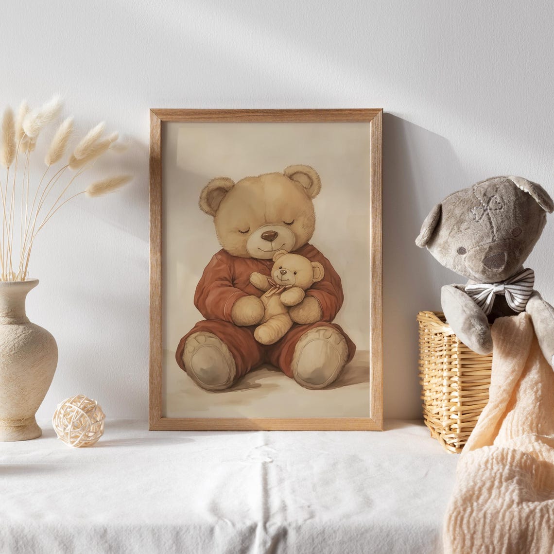 Bedtime Teddy Bear Hugging Its Small Plush Toy Nursery Poster - Image 2