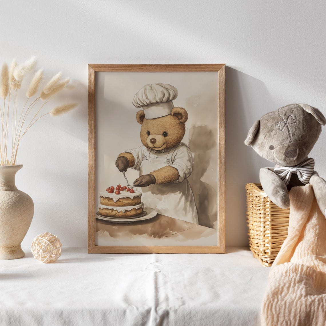 Teddy Bear Pastry Chef Decorating a Strawberry Layer Cake Poster - Image 2