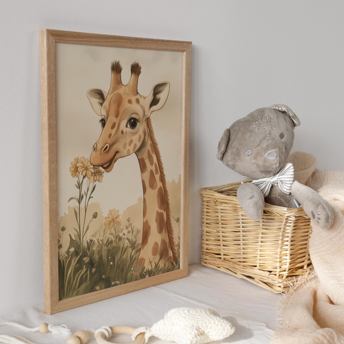 Baby Giraffe Smelling Yellow Wildflowers Close-Up Nursery Poster - Image 3