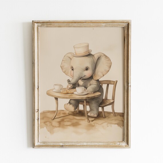 Baby Elephant in Top Hat Having Tea Party With Cookies Poster