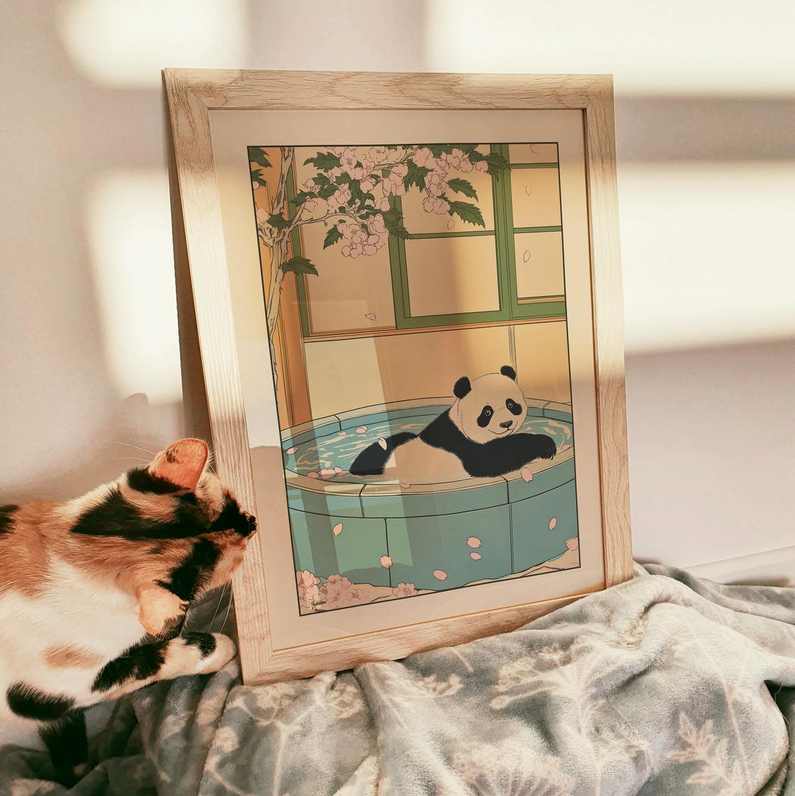 Giant Panda Relaxing in a Tiled Bath with Cherry Blossoms Poster - Image 3