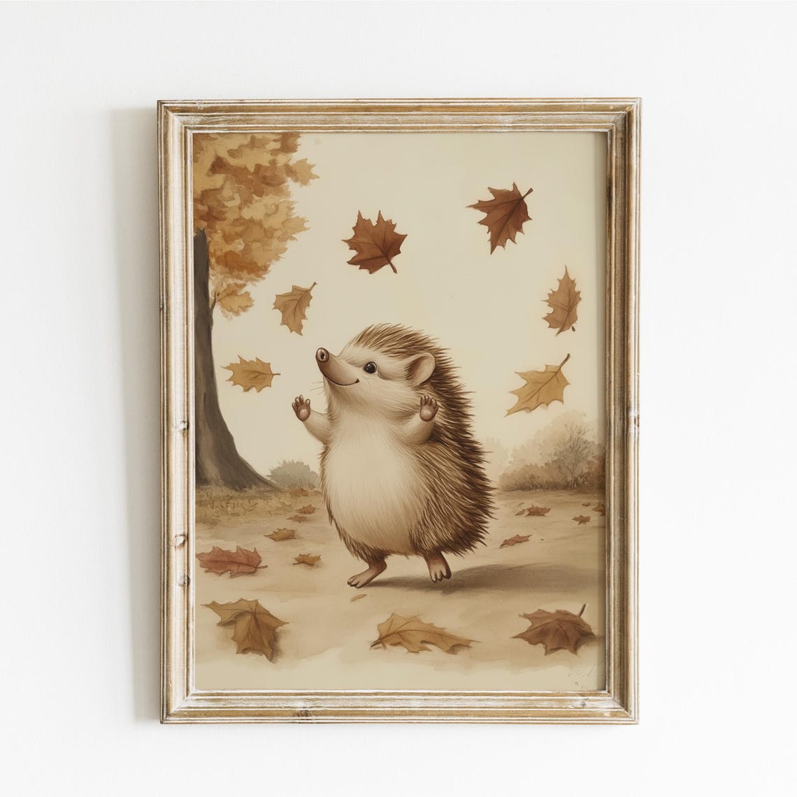 Happy Hedgehog Dancing Among Falling Autumn Maple Leaves Poster