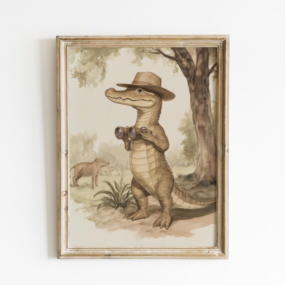 Crocodile Explorer in a Safari Hat with Binoculars Funny Poster