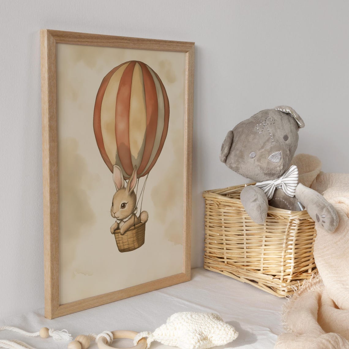 Bunny Riding a Striped Hot Air Balloon Over the Clouds Poster - Image 3