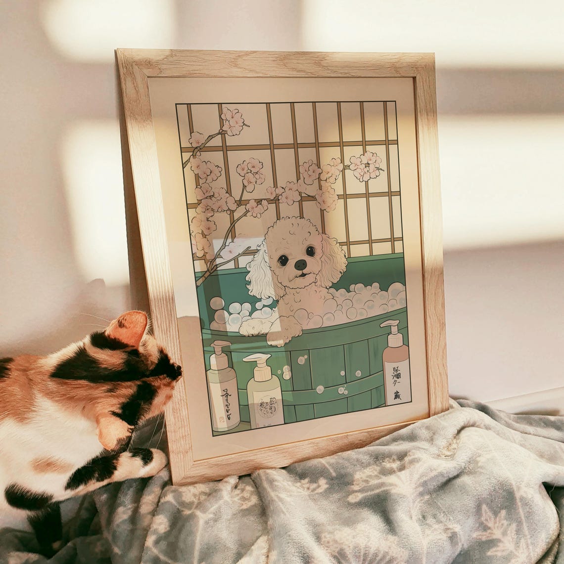 White Toy Poodle in a Bubble Bath Tub Under Cherry Blossoms Poster - Image 3