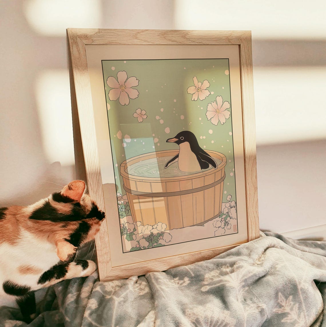 Penguin Soaking in Wooden Bucket Bath With Falling Sakura Poster - Image 3