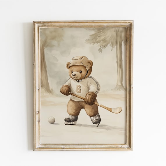 Teddy Bear Ice Hockey Player in Helmet Skates and Jersey Poster