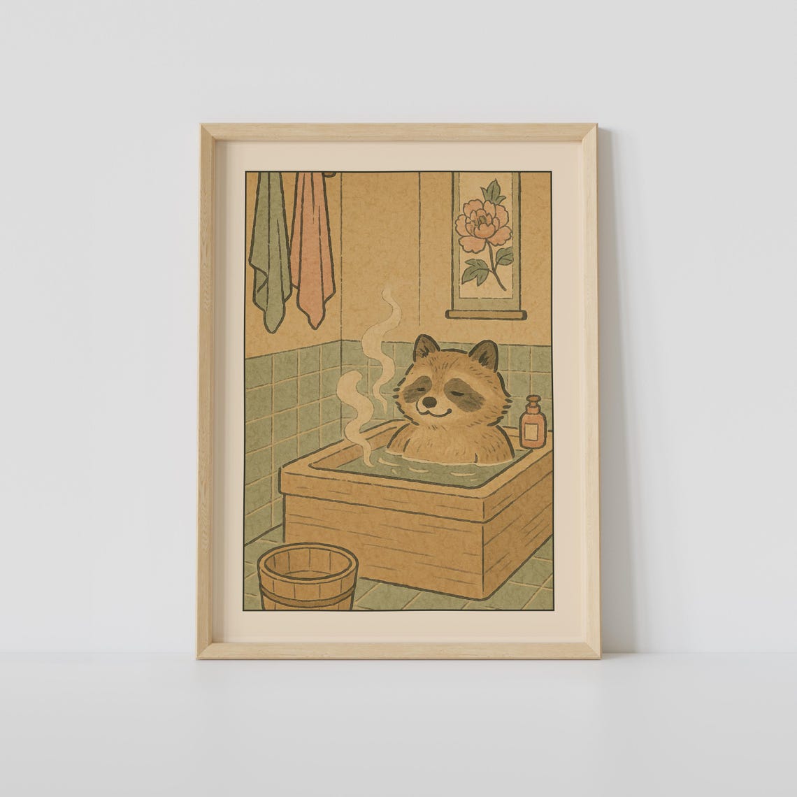 Raccoon In A Bathtub, Japandi Bathroom Wall Art