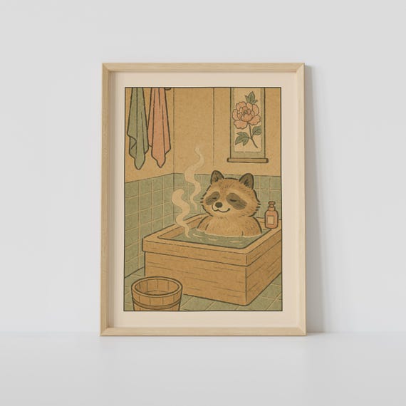 Raccoon In A Bathtub, Japandi Bathroom Wall Art