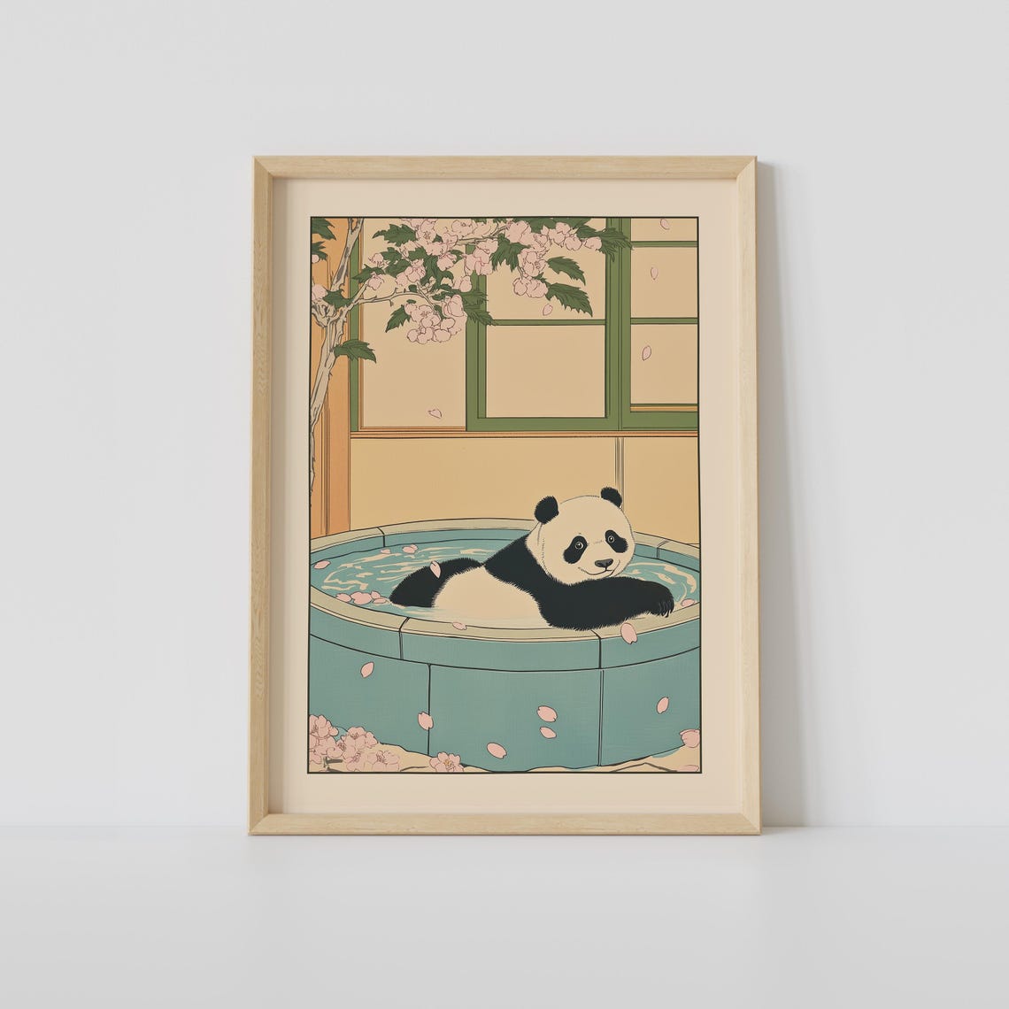 Giant Panda Relaxing in a Tiled Bath with Cherry Blossoms Poster