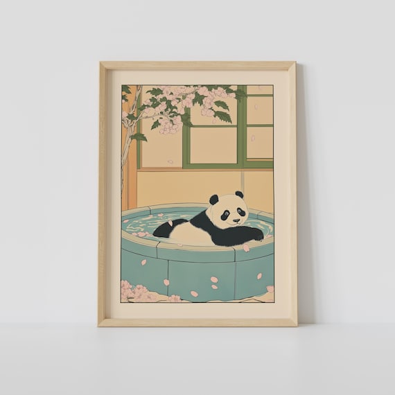 Giant Panda Relaxing in a Tiled Bath with Cherry Blossoms Poster