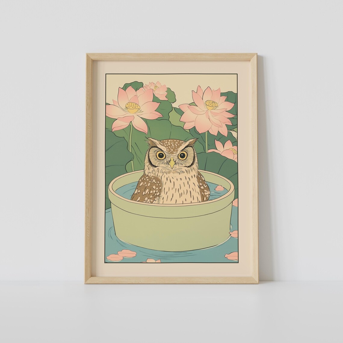 Wide-Eyed Owl Sitting in a Basin of Water Among Lotus Flowers Poster