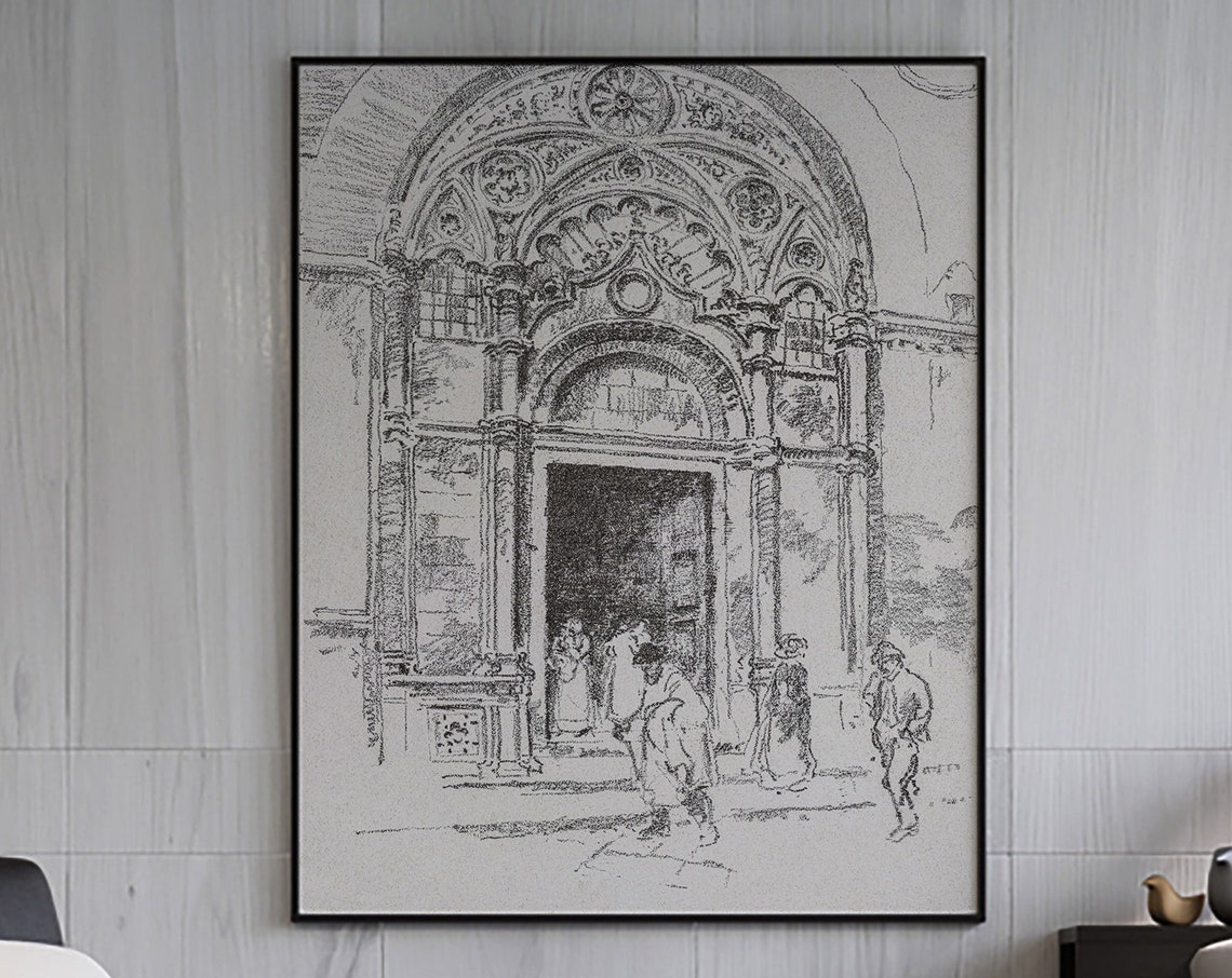 Gothic Church Doorway Vintage Ink Sketch Architectural Drawing Poster