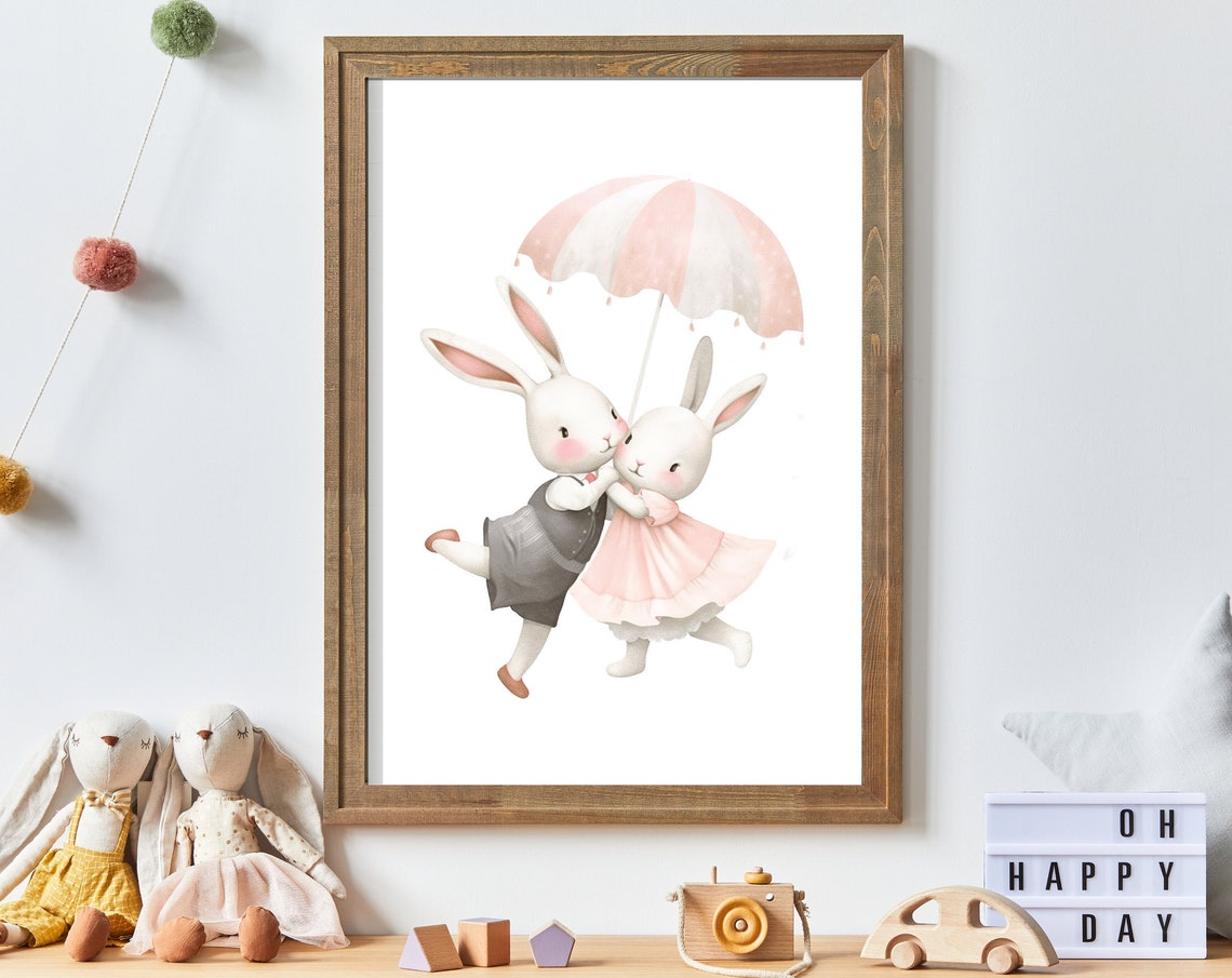 Two Bunnies Sharing A Pink Umbrella Nursery Wall Decor Poster