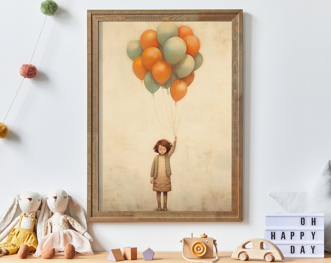Little Girl Holding a Bouquet of Pastel Balloons Nursery Poster