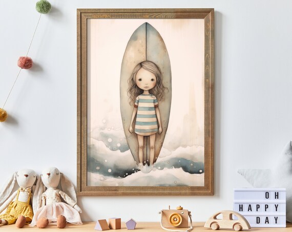 Little Girl In Striped Dress With Surfboard At The Beach Nursery Print