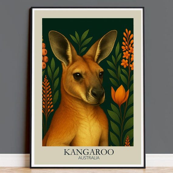 Kangaroo Australia Art Print Vintagestyle Wildlife Wall Botanical Australiana Poster Nature Animal Illustration Modern Home Dcor