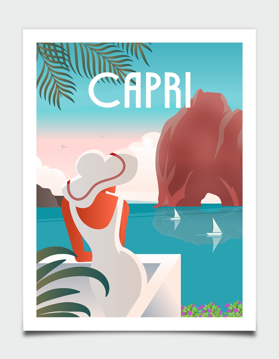 Capri Italy Sunhat Woman Turquoise Sea Cliffs Retro Travel Poster - Image 4