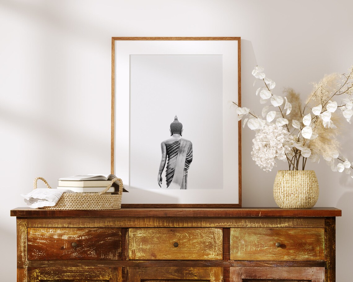 Buddha Statue Boho Yoga Poster, Black And White - Image 2
