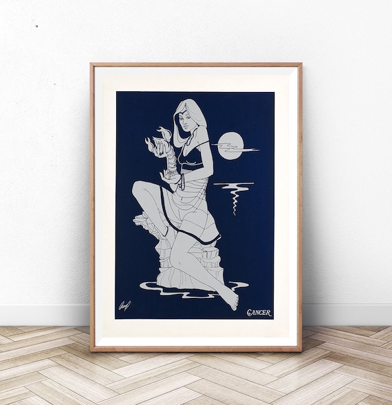 Cancer Zodiac Sign Woman Crab Moon Silver Line Art Navy Poster