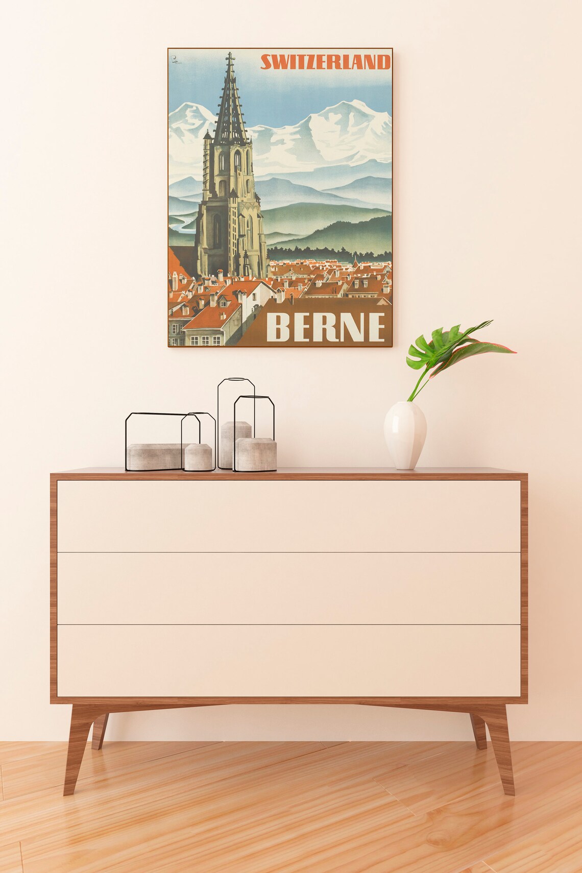 Vintage Berne Switzerland Old Town Cathedral Alps Travel Art Poster - Image 2