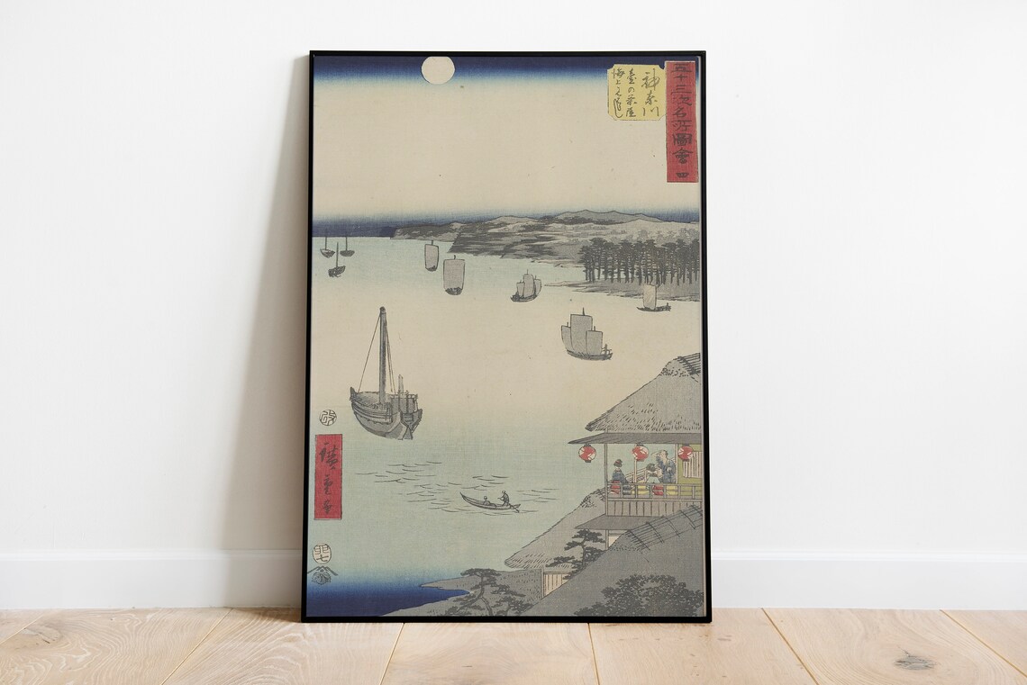 Japanese Woodblock Harbor Boats Moonlit Night Ukiyo E Art Print - Image 2