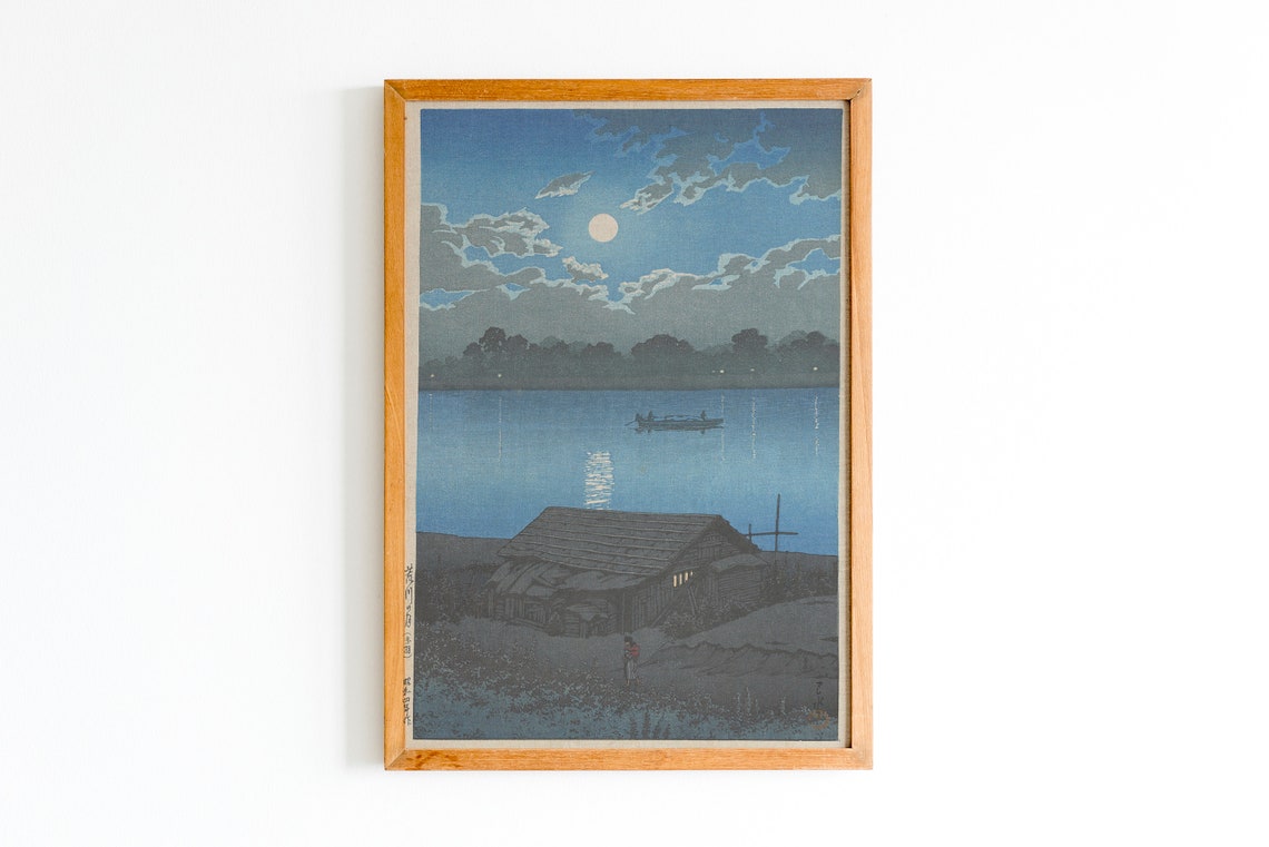 Moonlit River Night Scene Japanese Woodblock Landscape Poster