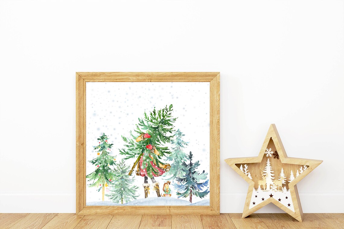 Girl Carrying Christmas Tree in Snowy Woods With Puppy Holiday Poster - Image 2