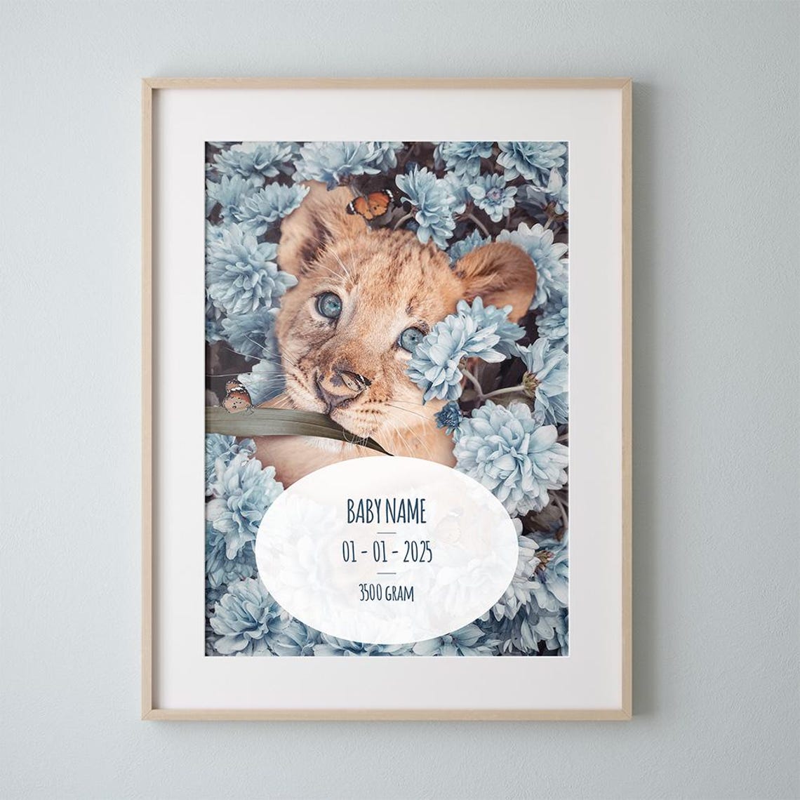 Personalized Baby Lion Cub Blue Floral Birth Stats Nursery Wall Art