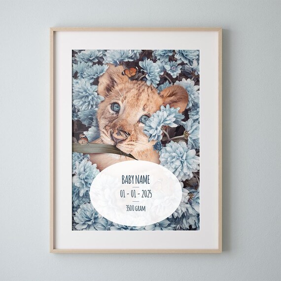 Personalized Baby Lion Cub Blue Floral Birth Stats Nursery Wall Art