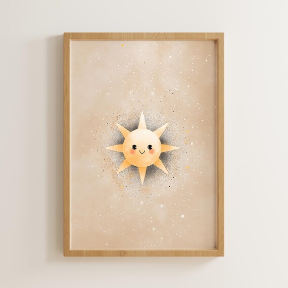 Cute Smiling Sun Baby Nursery Wall Art Starry Beige Nursery Decor