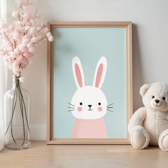 Bunny Nursery Wall Art Playful Pink Sweater Print