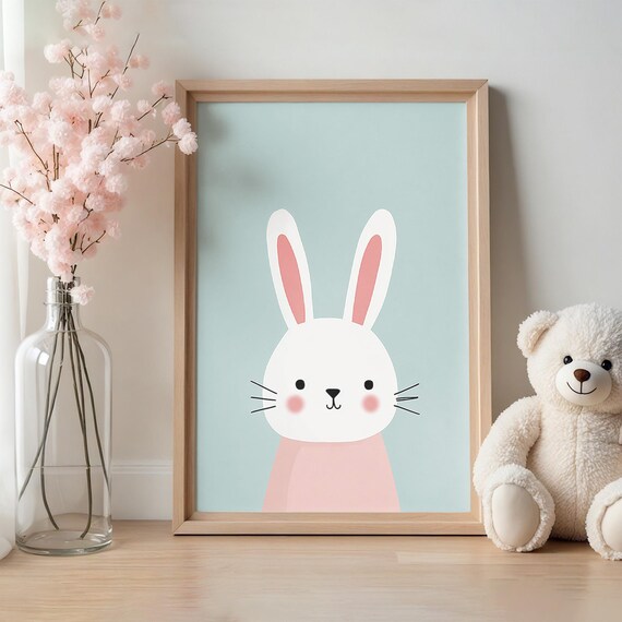 Minimalist Bunny Pink Sweater Pastel Nursery Cute Kids Room Print