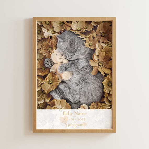 Baby Birth Kitten Poster With Name And Stats Custom Animal Nursery Art Newborn Gift Kids Room Decor Print