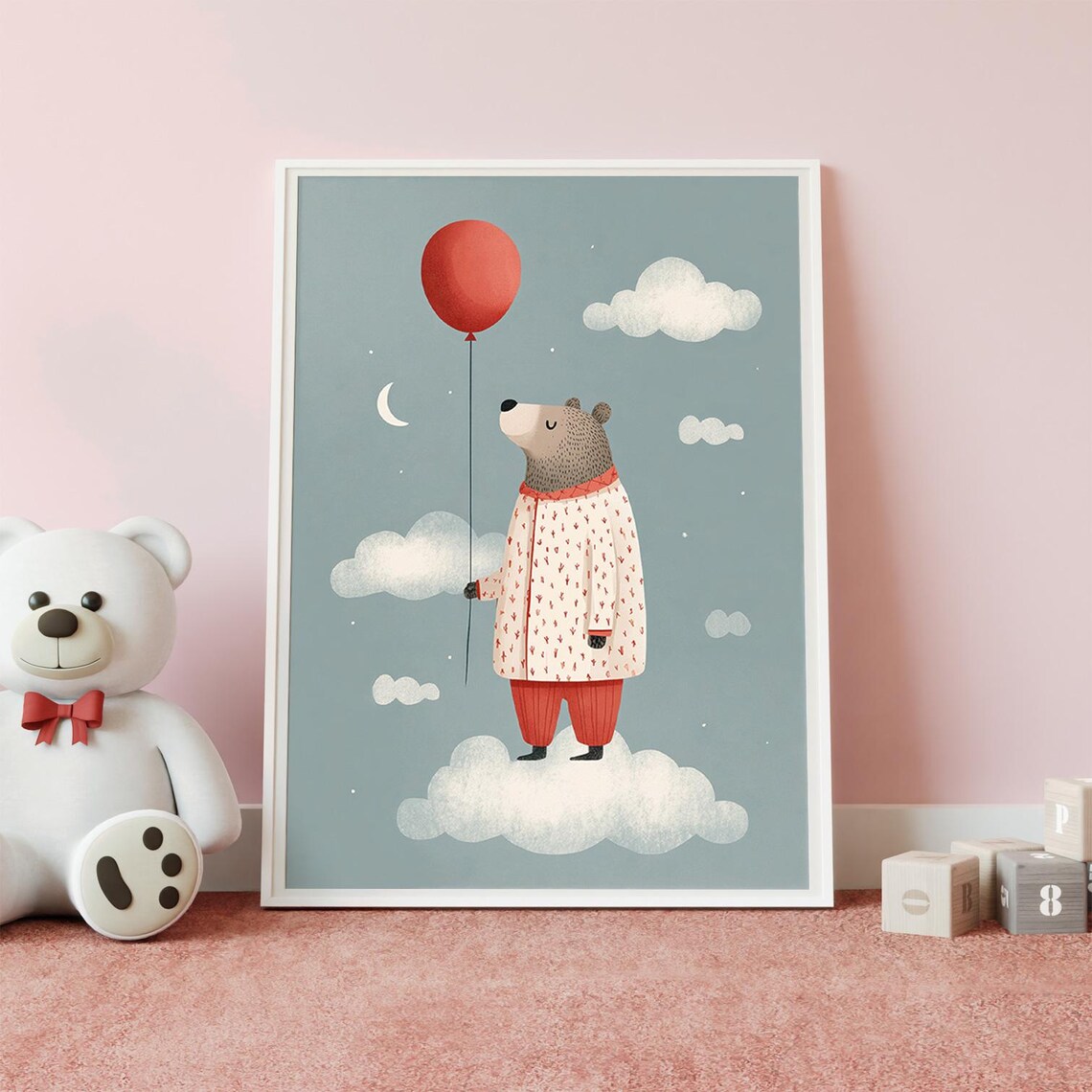 Bear With Red Balloon Nursery Art Poster Dreamy Cloud Night Sky