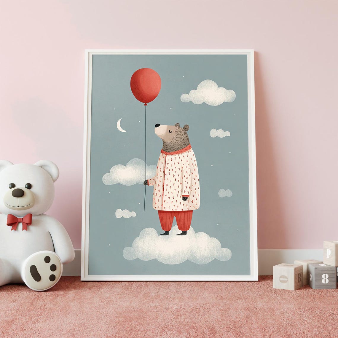 Nursery Wall Art Print Bear With Red Balloon