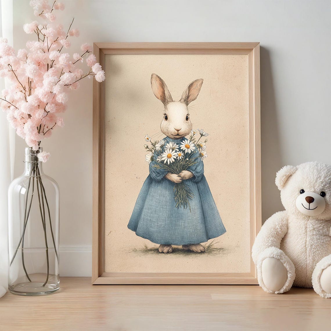 Bunny Rabbit in Blue Dress Holding Daisy Bouquet Vintage Wall Art