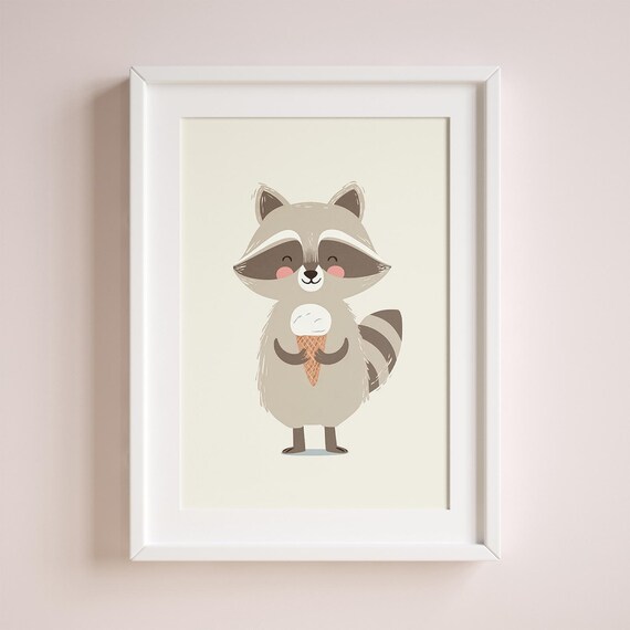 Cute Raccoon Holding Ice Cream Cone Nursery Kids Room Wall Art