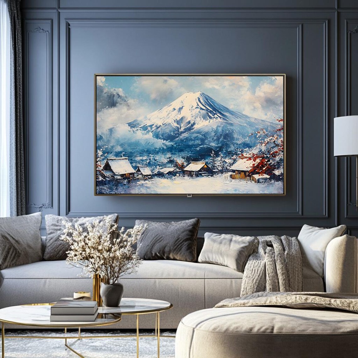 Mount Fuji Above a Snowy Village Japanese Winter Art Painting Poster - Image 2