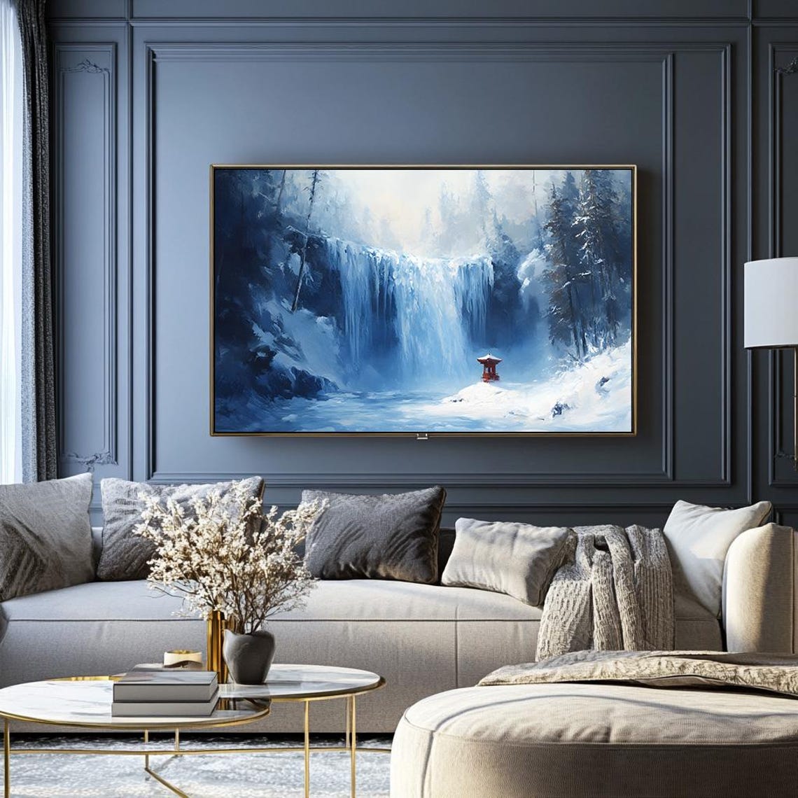 Snowy Frozen Waterfall and Red Pagoda Japanese Winter Landscape Poster - Image 2