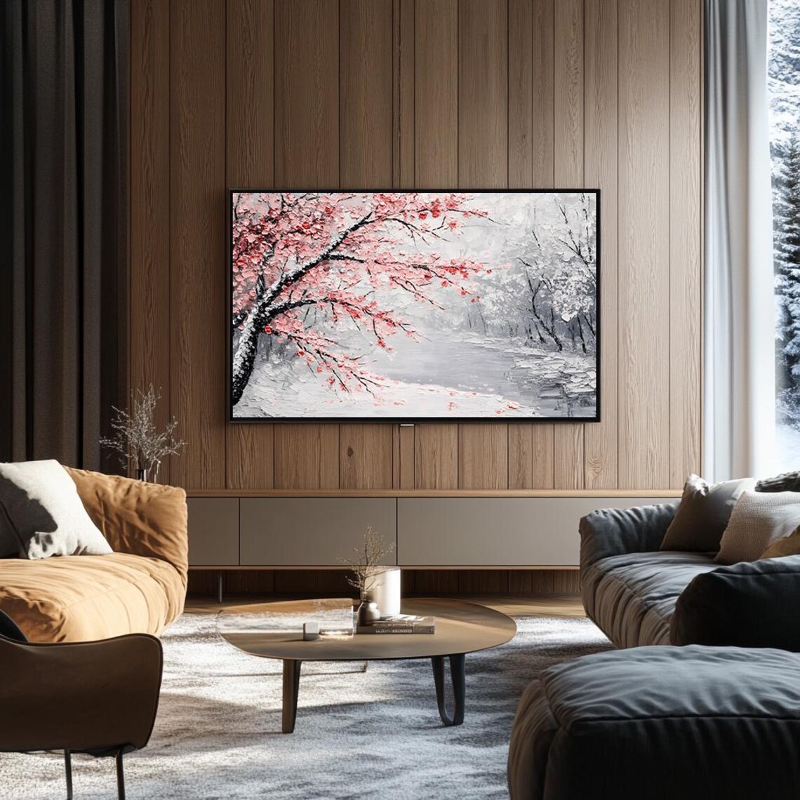 Cherry Blossom Branch Over a Snowy River Japanese Art Poster - Image 3