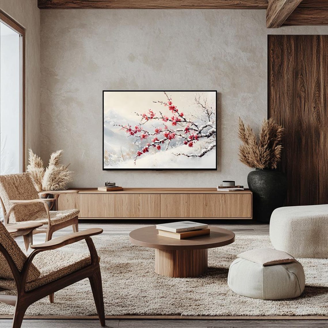 Red Cherry Blossom Branch Blooming in Fresh Snow Winter Poster - Image 4