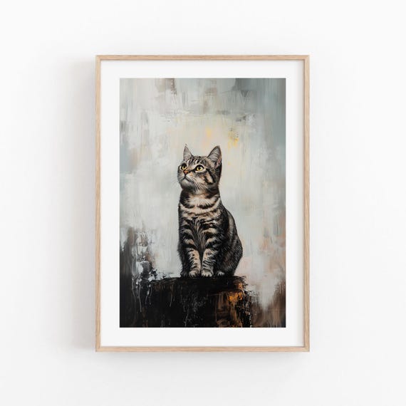 Elegant Tabby Cat Painterly Portrait Serene Golden Feline Poster