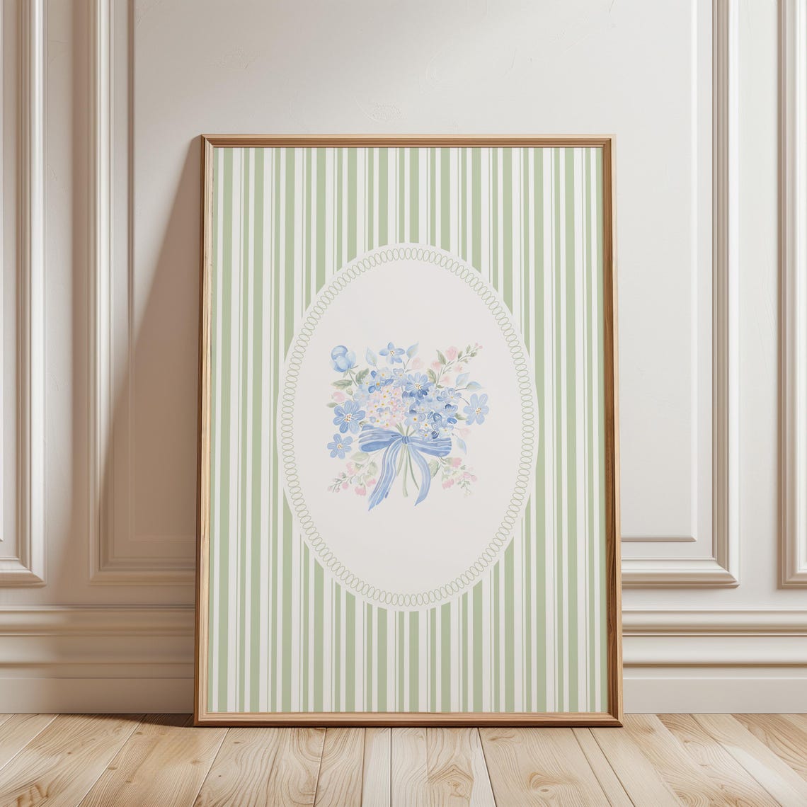 Blue Wildflower Bouquet Ribbon Bow Green Striped Cottage Art Print