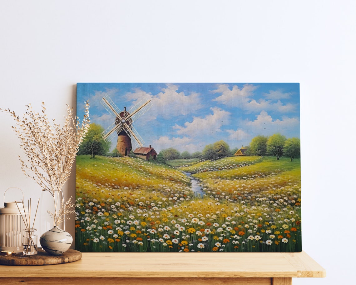 Windmill Daisy Meadow Stream Classic Countryside Scene Poster