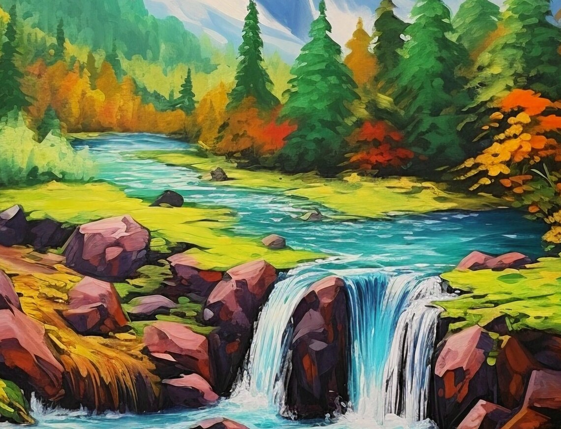 Mountain Waterfall Bliss, Mashkov Inspired Nature Art Print - Image 3