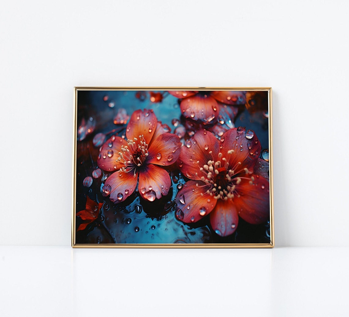 Red Cherry Blossoms Painting Water Droplets Macro Flowers Poster - Image 3