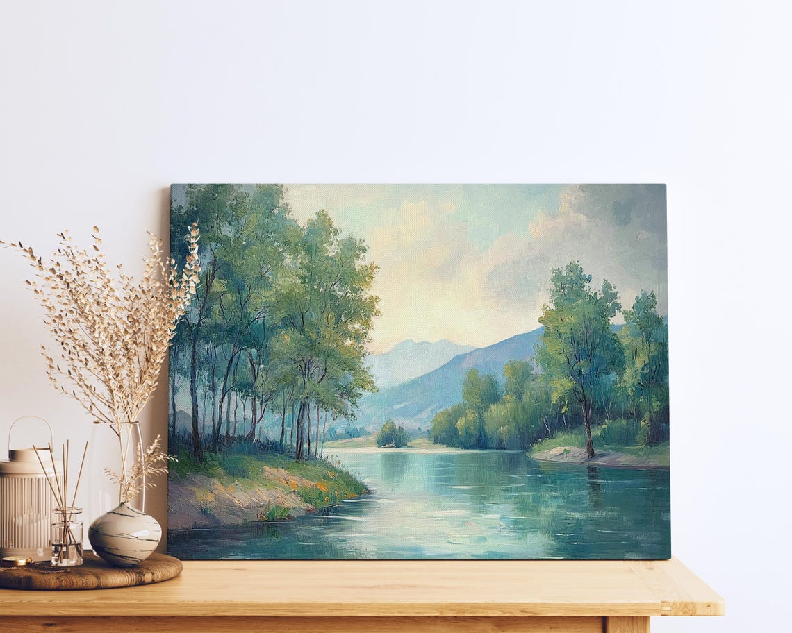 Tranquil River Through Green Forest Mountain Landscape Poster