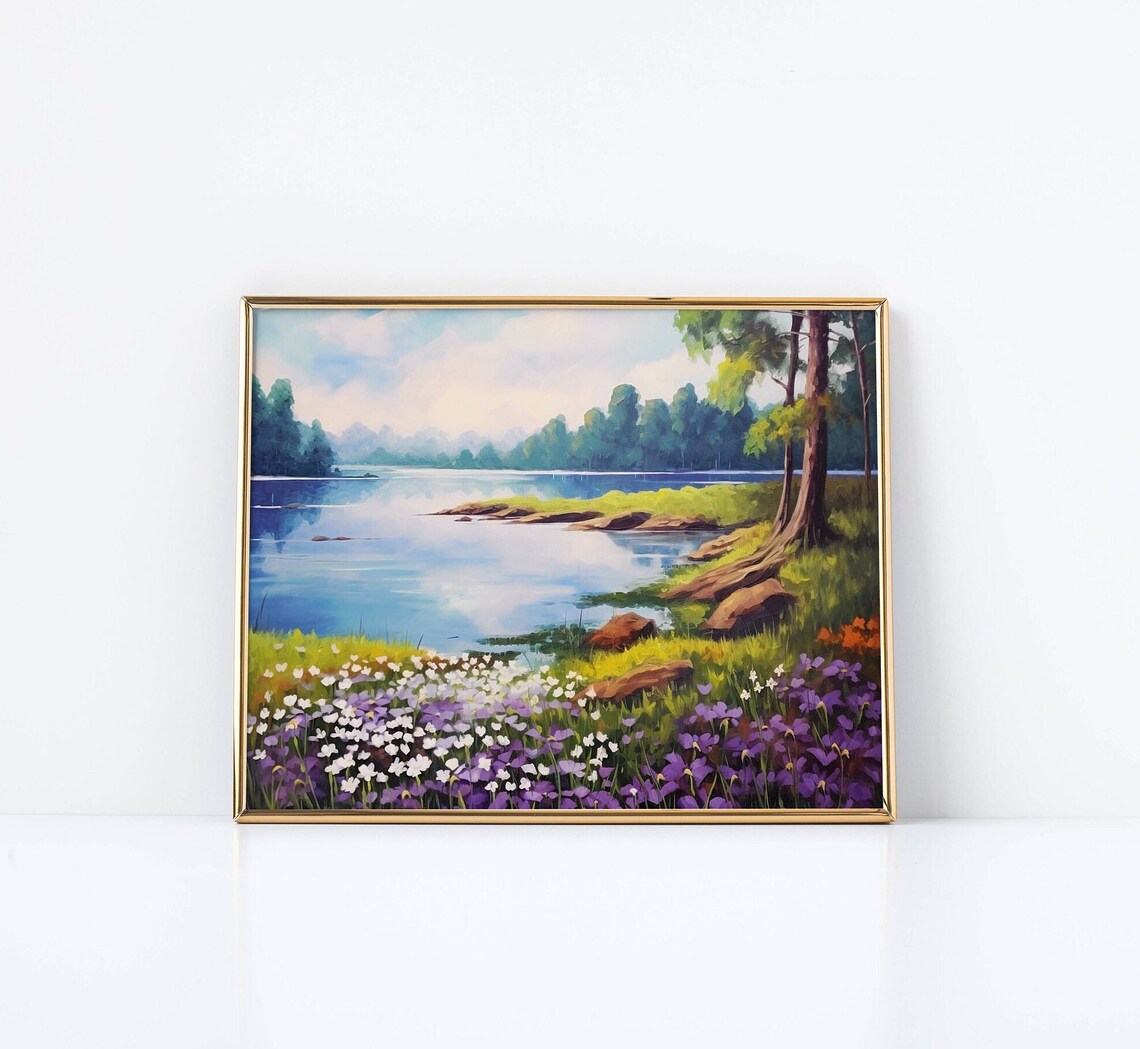 Purple Wild Violets Painting Serene Lake Landscape Flowers Poster - Image 2
