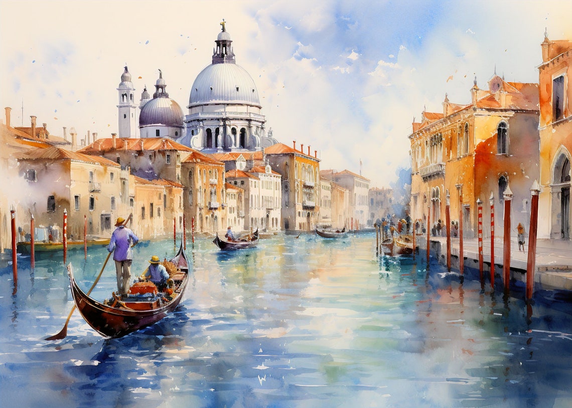 Venice Grand Canal Watercolor With Gondola And Basilica Art Poster - Image 3